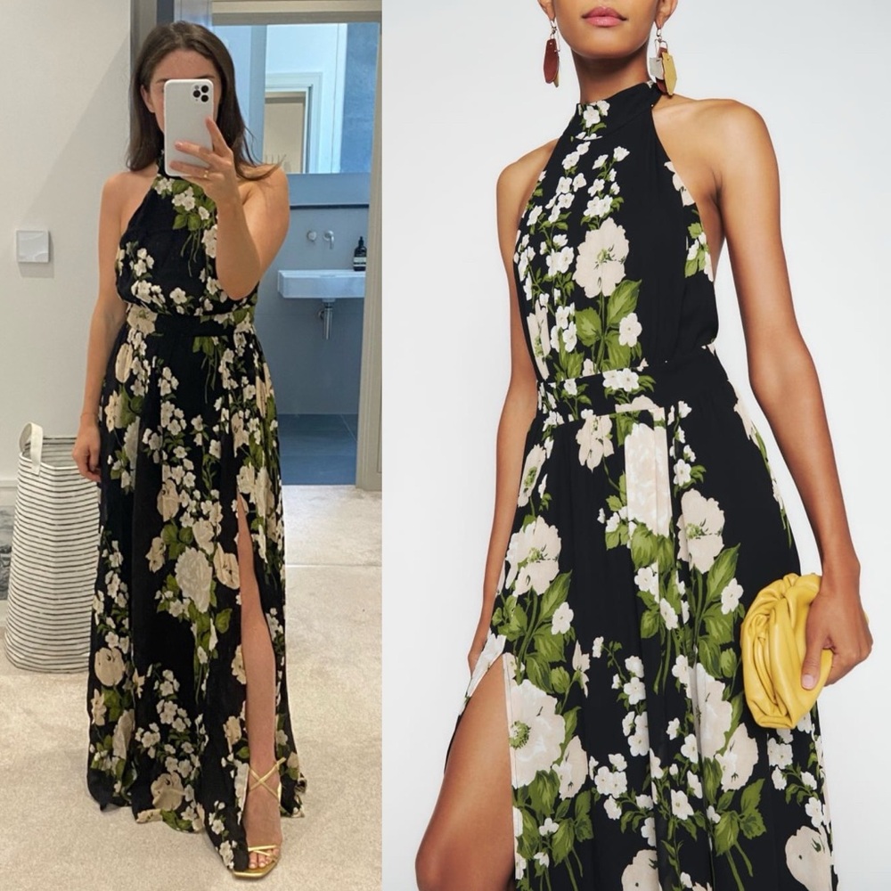 Reformation Andee Floral Halter Maxi Dress in Raven Open Back Slit Size 2 NWT - Picture 3 of 15